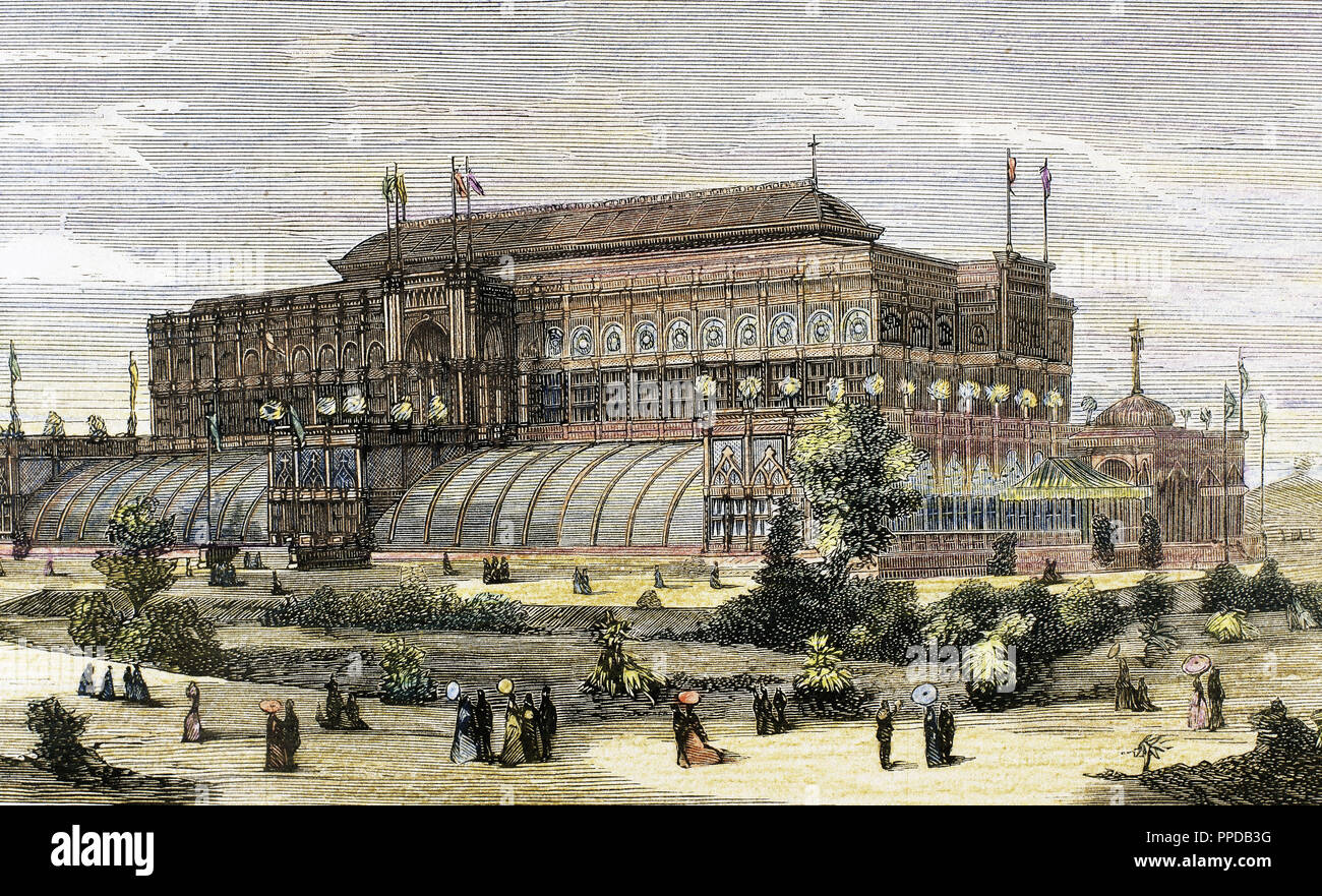 In den Vereinigten Staaten. Die Centennial International Exhibition 1876 in Philadelphia. Gartenbau Halle. Die spanische und amerikanische Abbildung (1876). Stockfoto