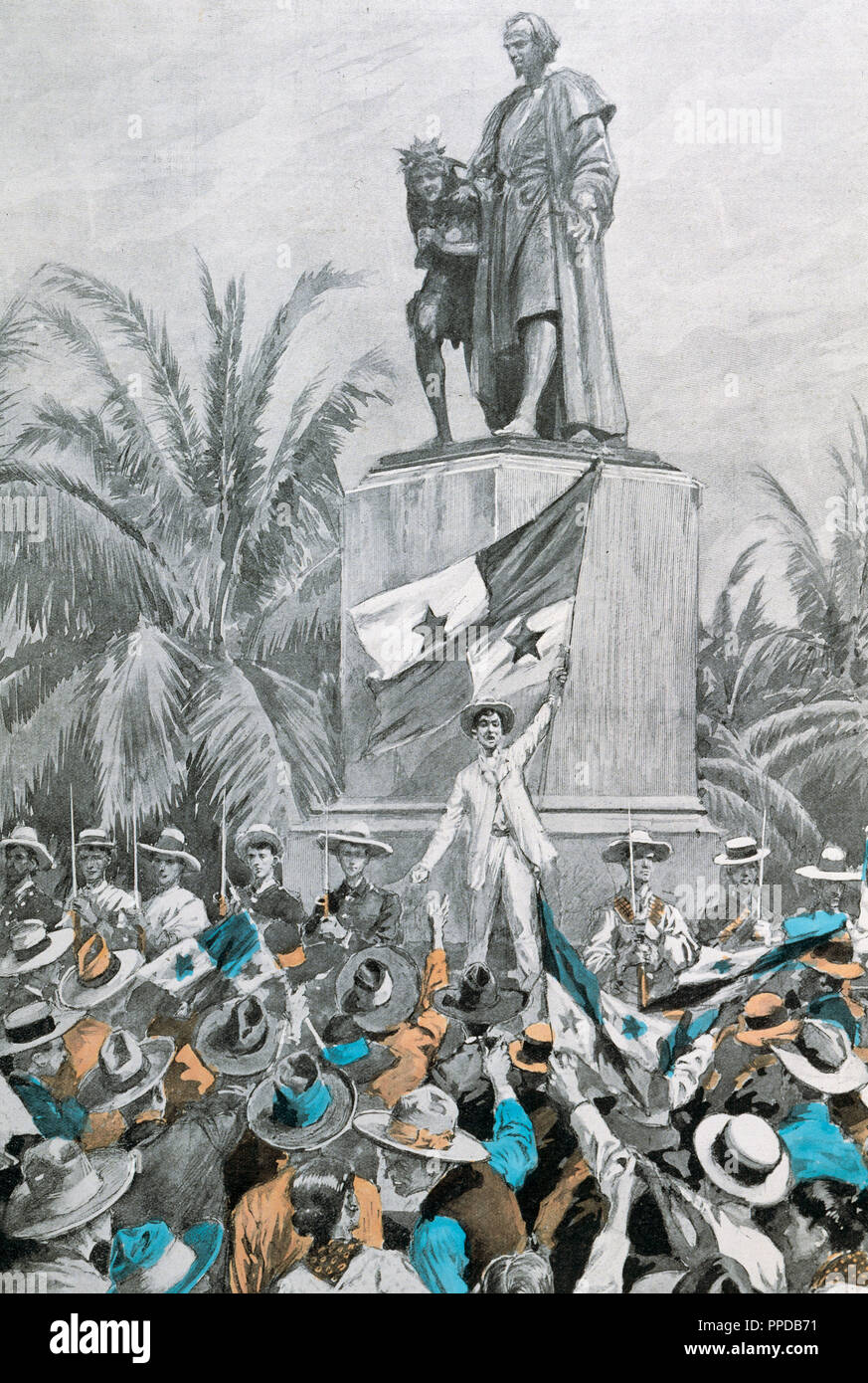 Geschichte von Panama. Doppelpunkt. Verkündigung der Trennung von Panama aus Kolumbien vor der Columbus Monument, das am 3. November 1903. Farbige Gravur. Stockfoto