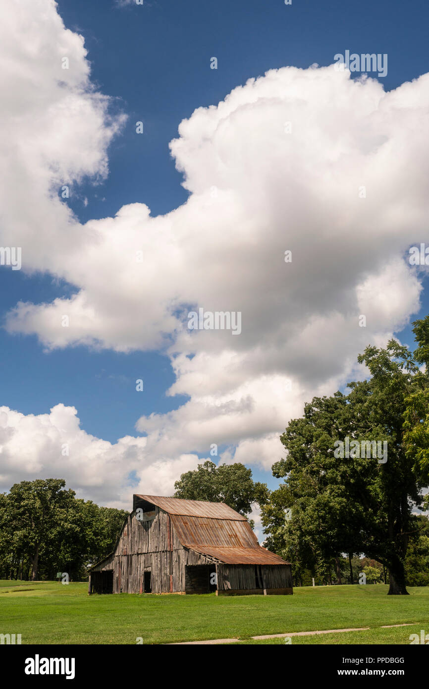 Eine rustikale alte Scheune sitzt auf einer Wiese, von grünem Gras unter blauen Himmel mit weißen Wolken Stockfoto