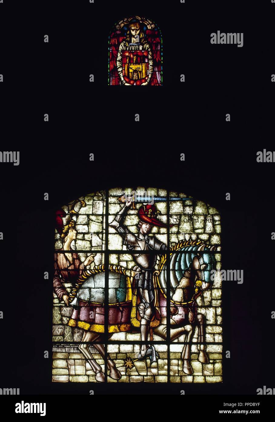 Alfonso VIII. von Kastilien und Toledo (1155-1214) und seine Tochter Berengaria von Kastilien (1179-1180). Glasmalerei. Ananas Zimmer. Alcazar. Segovia. Kastilien und Leon. Spanien. Stockfoto