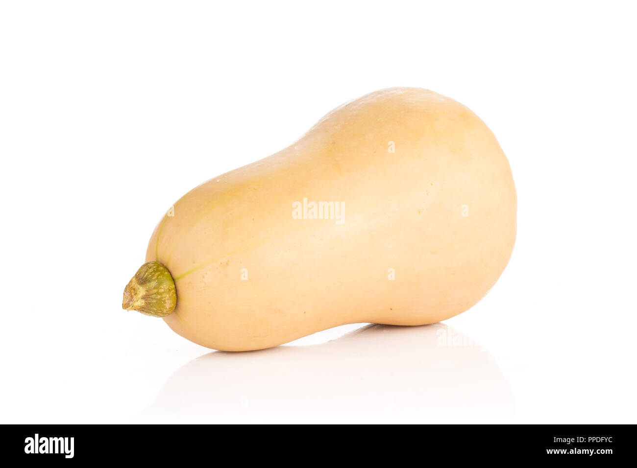 Eine ganze glatte Birnenförmig orange Kürbis waltham Vielfalt auf weißem Hintergrund Stockfoto