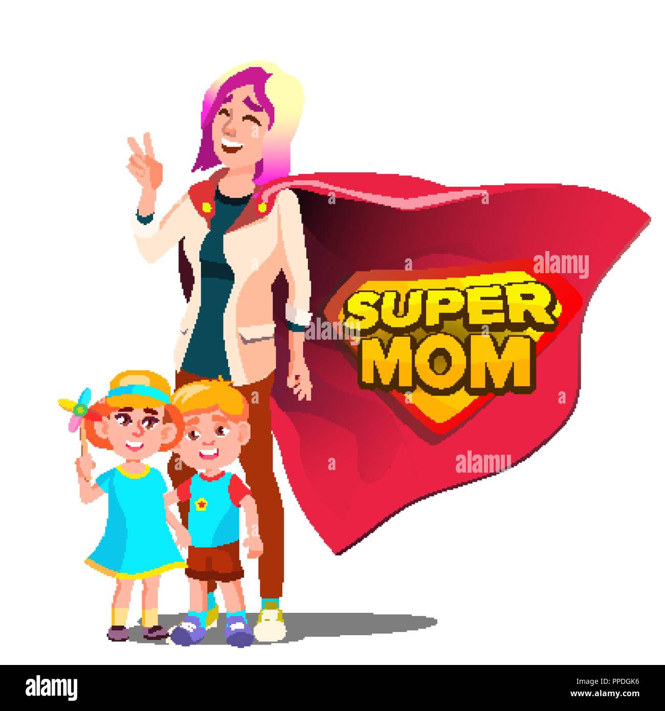 Super Mom Vektor. Mutter s Tag. Schild aus Metall. Isolierte flache Cartoon Illudtration Stock Vektor