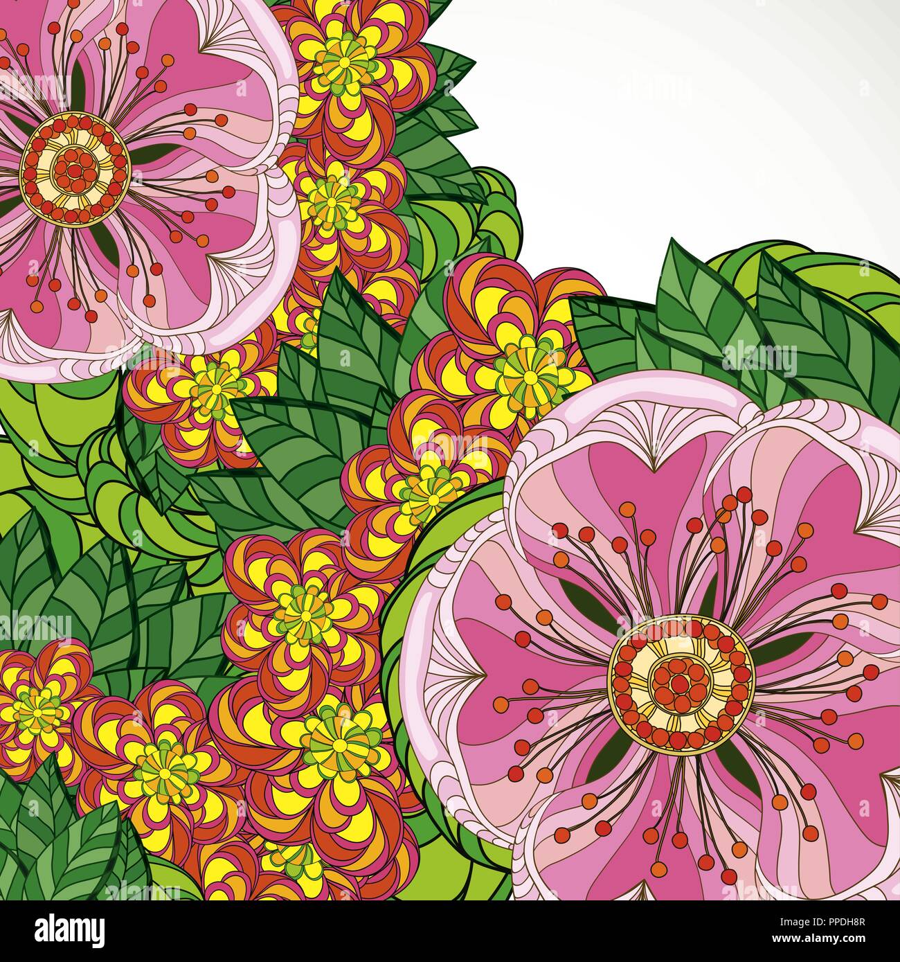 Vector Illustration Grußkarte Beauty und Mode. Hintergrund mit Blumen und Blätter. Zentangl, kritzeln. Nach Malbücher. Stock Vektor