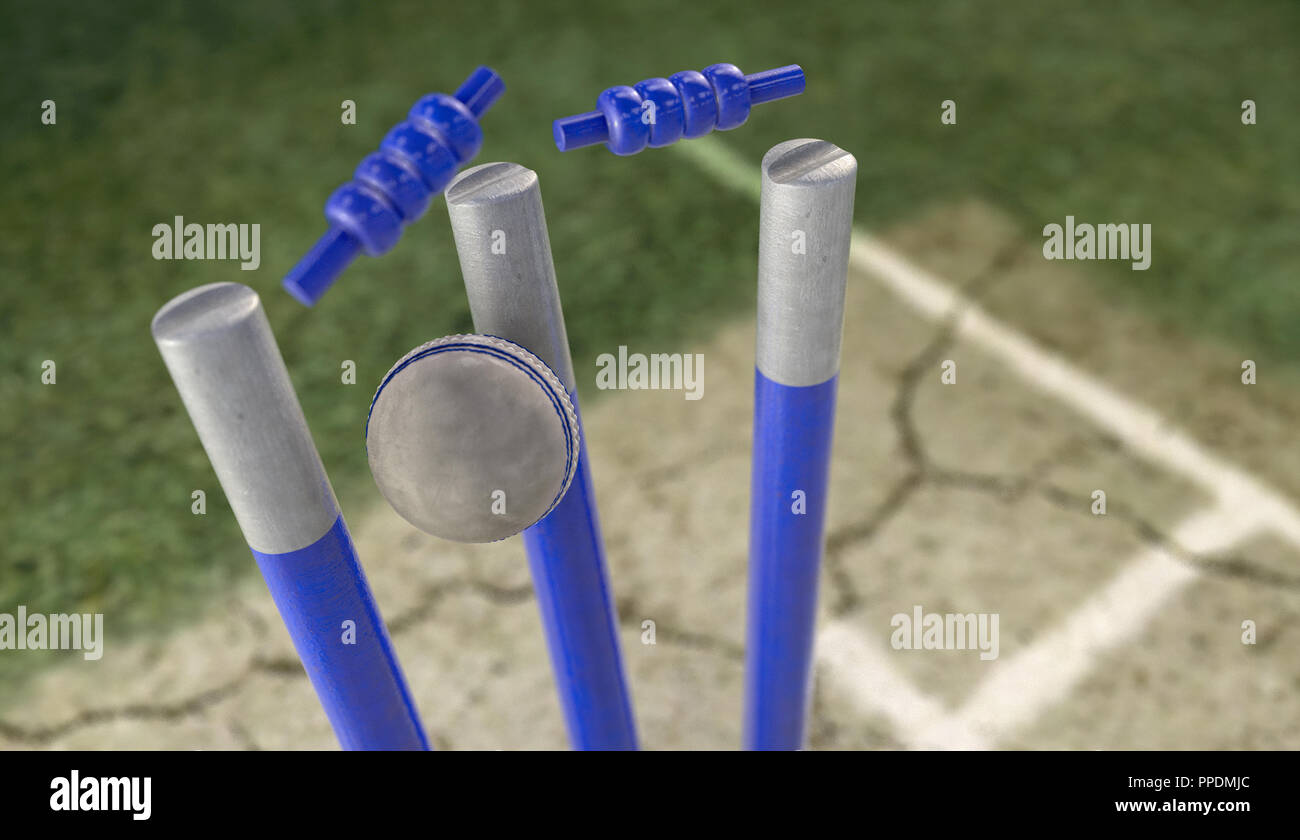 Ein weißes Leder Cricket ball Blau cricket Wickets, die auf eine gerissene Rasenplatz Hintergrund - 3D-Rendering Stockfoto