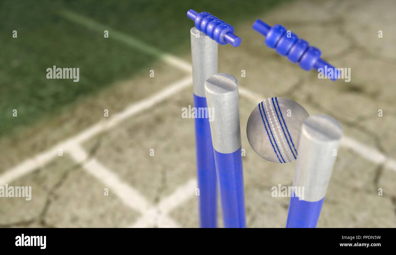 Ein weißes Leder Cricket ball Blau cricket Wickets, die auf eine gerissene Rasenplatz Hintergrund - 3D-Rendering Stockfoto