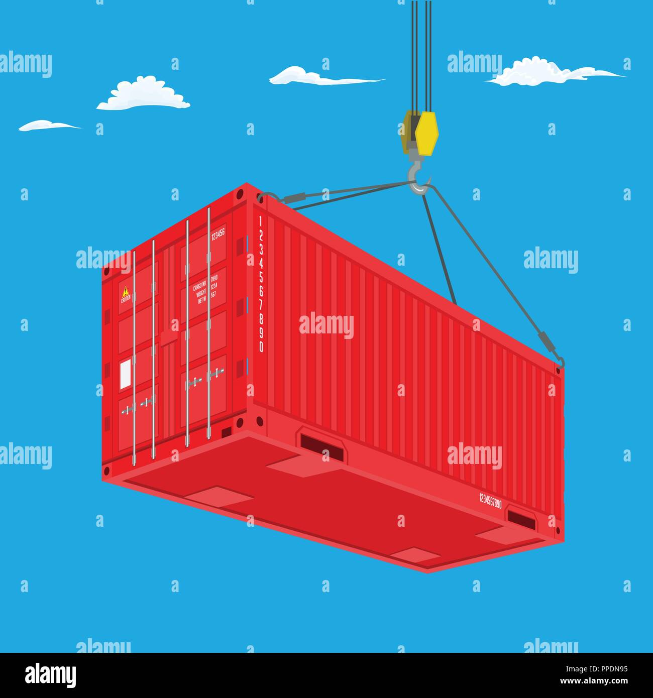 Port Kran hebt roten Behälter. Blick von unten. Logistikkonzept Vector Illustration. Stock Vektor