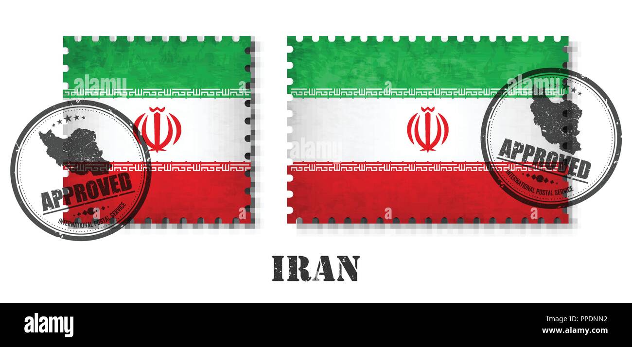 Iran oder iranischen Flaggenmuster Briefmarke mit Grunge alten Kratzer Textur und bringen Sie die Dichtung am isolierten Hintergrund. Farbe schwarz Land Name mit Abr Stock Vektor