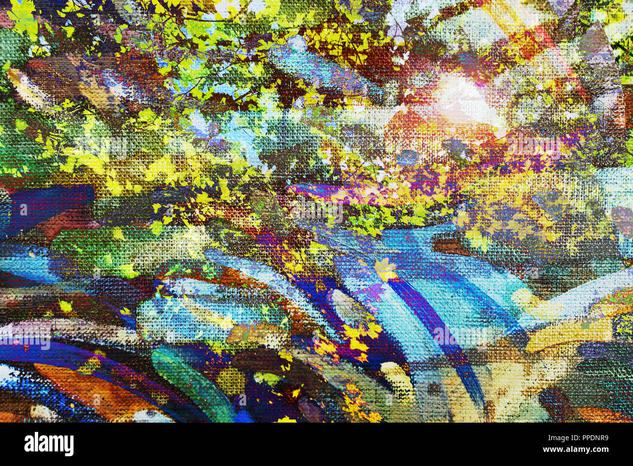 Herbstliche Blätter über farbenfrohe abstrakte künstlerischen Hintergrund mit Double Exposure Effekt Stockfoto