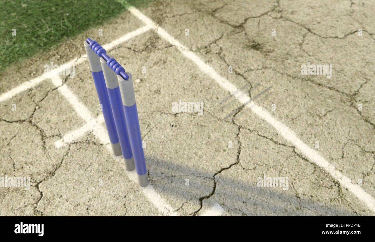 Eine Reihe von Blue cricket Wickets, die auf eine gerissene Rasenplatz Hintergrund - 3D-Rendering Stockfoto