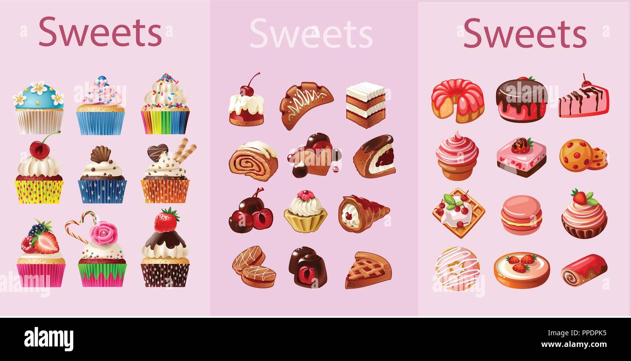 Set aus bunten verschiedenen Süßigkeiten, Süßigkeiten und Kuchen. Stock Vektor