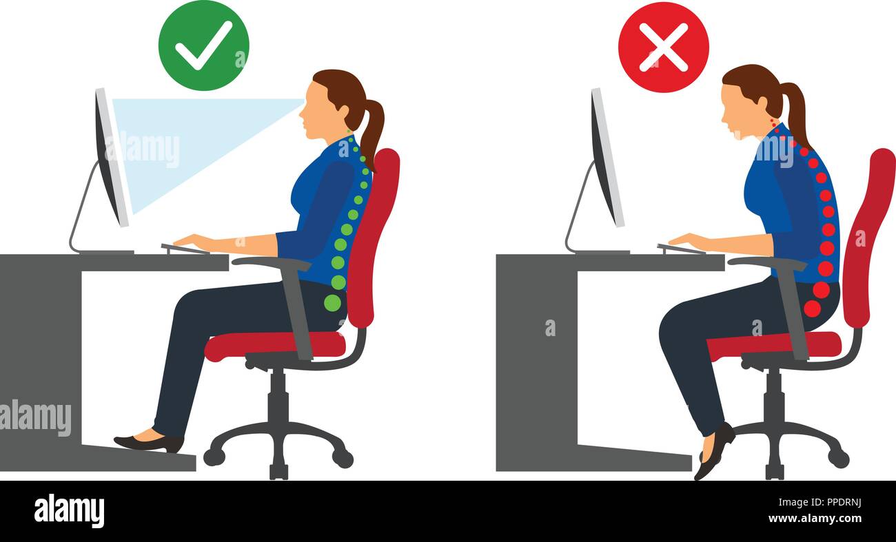 Ergonomie Frauen korrekt sitzende und stehende Körperhaltung bei der Verwendung eines Computers Stock Vektor