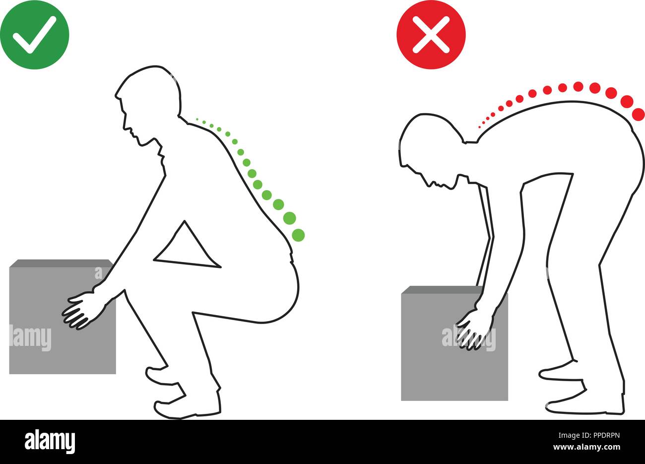 Korrekte Körperhaltung ein schweres Objekt zu heben, Männer heben Objekt Stock Vektor