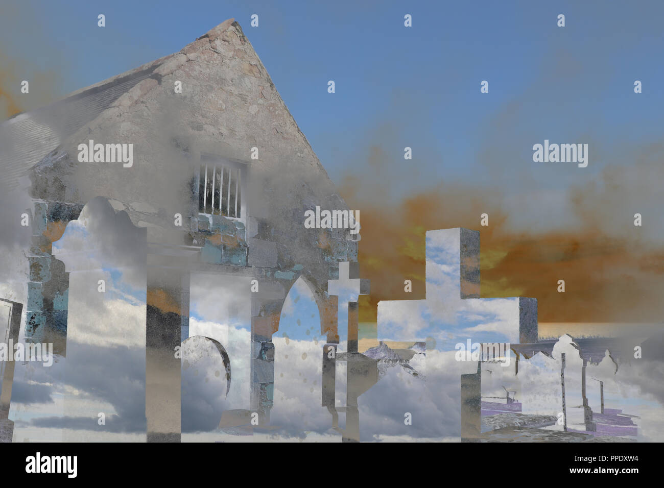Spooky Friedhof mit Grabsteinen, grabplatten Stockfoto