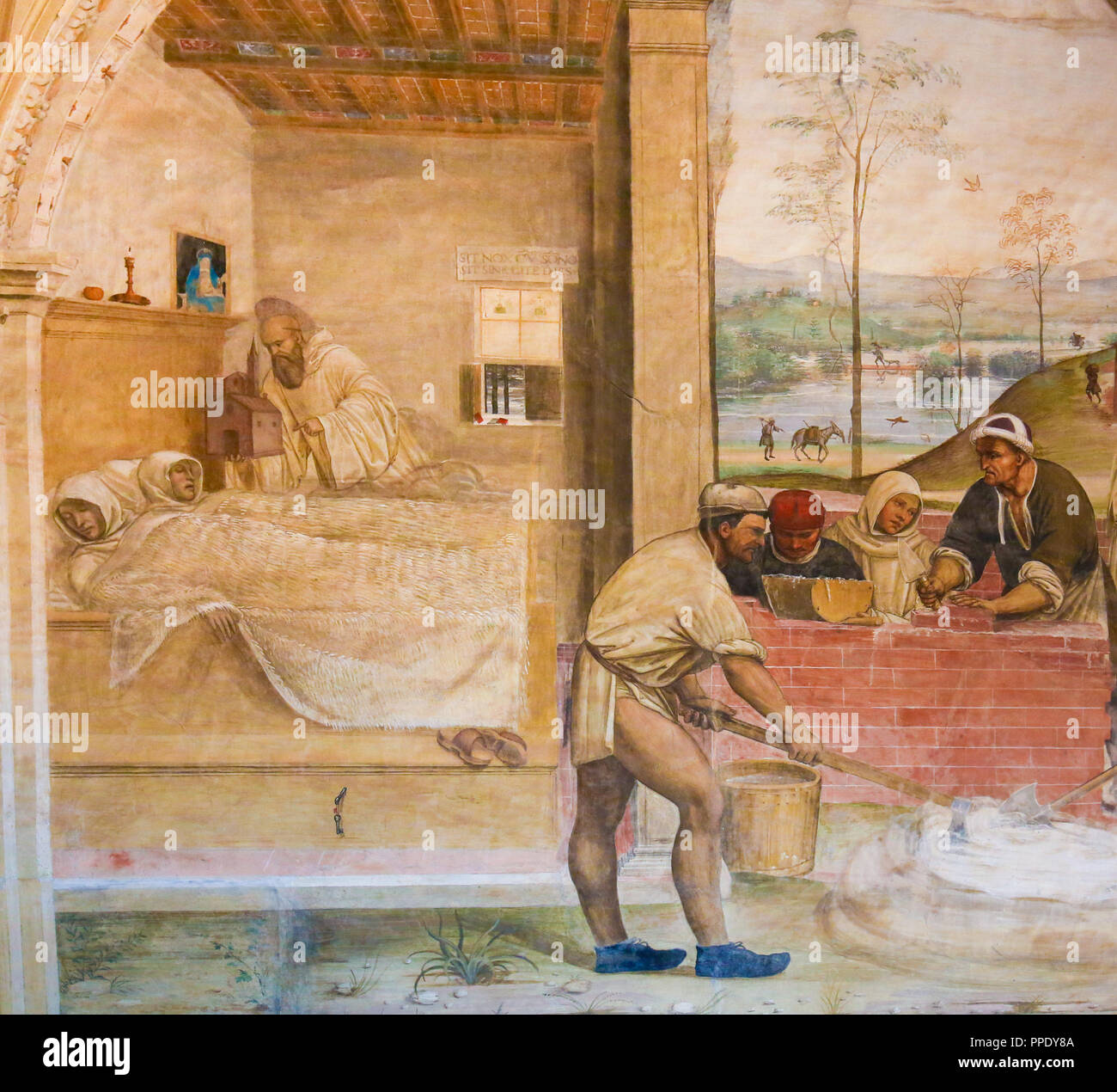 Fresko im Kloster von Monte Oliveto Maggiore, in der Nähe von Siena, Toskana, Italien, zeigt eine Szene aus dem Leben des Hl. Benedikt: Benedikt erscheint in der Dr Stockfoto
