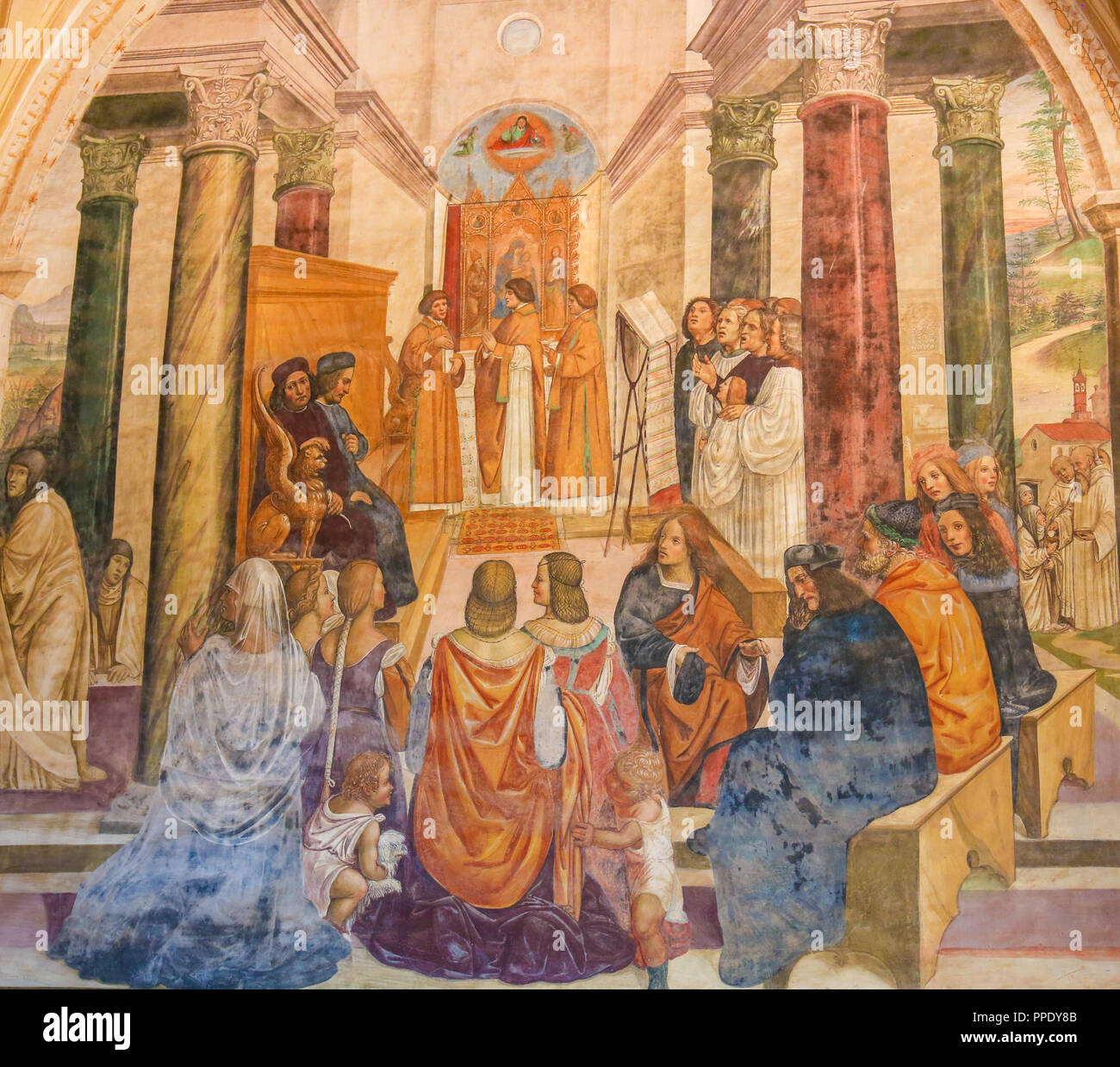 Fresko im Kloster von Monte Oliveto Maggiore, in der Nähe von Siena, Toskana, Italien, Darstellung der hl. Benedikt die posthume Absolution zu zwei Nonnen Stockfoto
