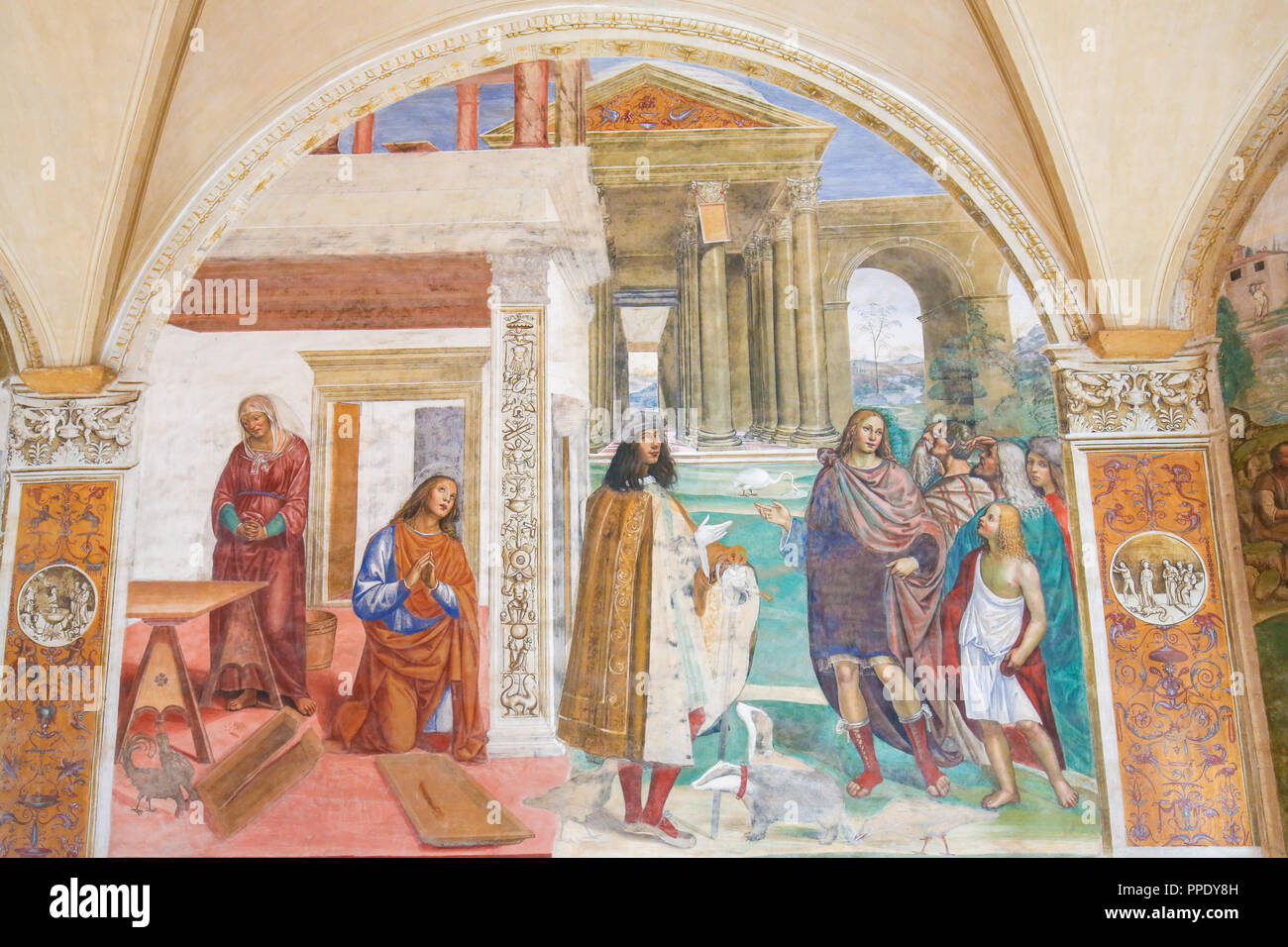 Fresko im Kloster von Monte Oliveto Maggiore, in der Nähe von Siena, Toskana, Italien, zeigt eine Szene aus dem Leben des Hl. Benedikt: Benedikt Reparaturen eine gebrochen Stockfoto