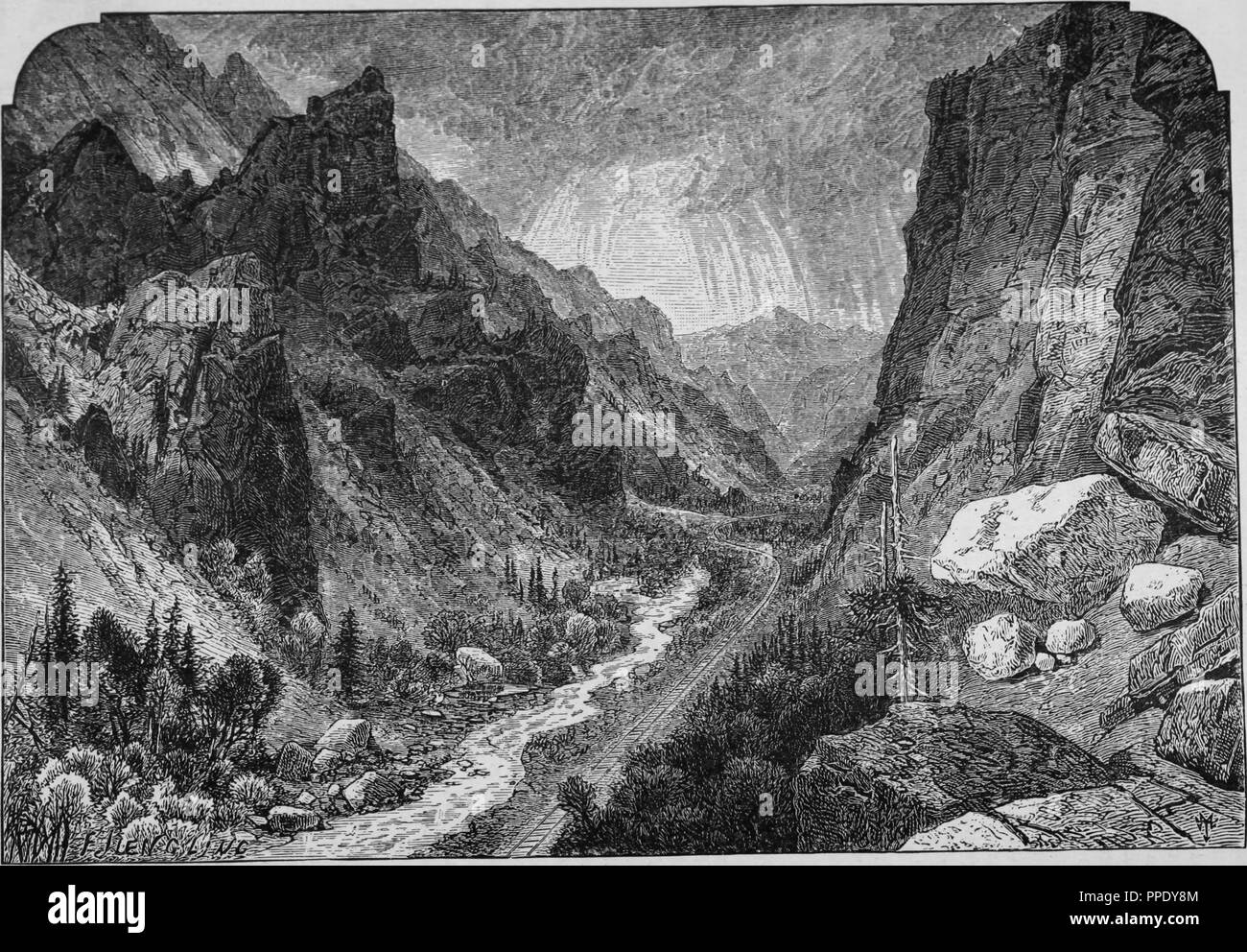Gravur der Central Pacific Railway durch die American Fork Canyon, Utah, aus dem Buch "Die Pacific Tourist', 1877. Mit freundlicher Genehmigung Internet Archive. () Stockfoto