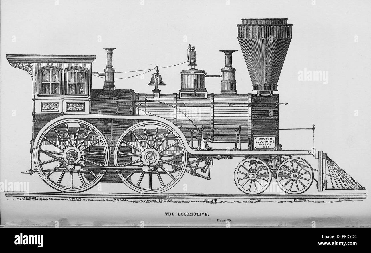 Gravur der Lokomotive, durch Boston Locomotive Works, aus dem Buch "Land der Sklave und der Freie", 1857. Mit freundlicher Genehmigung Internet Archive. () Stockfoto