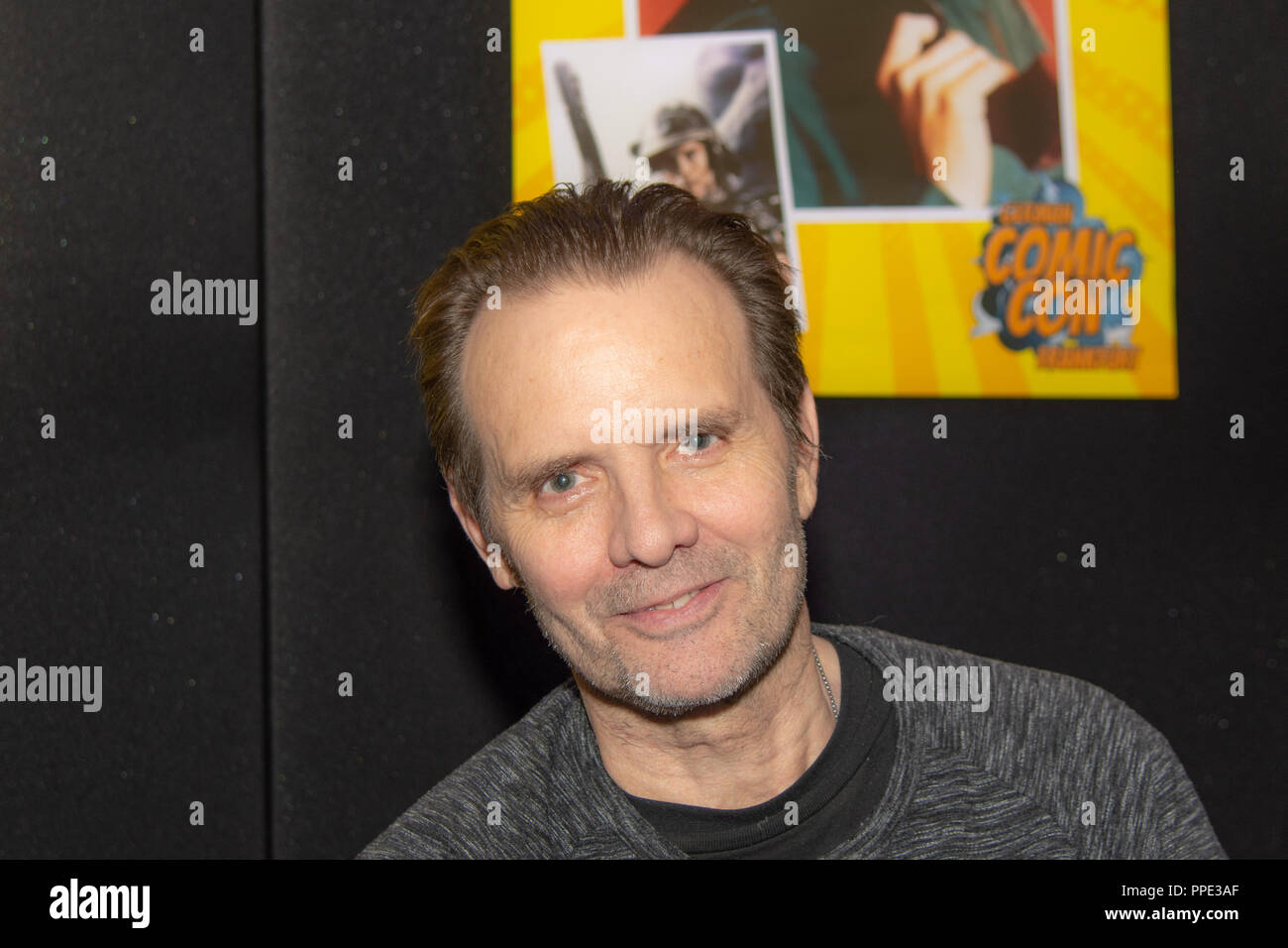 FRANKFURT, Deutschland - 6. Mai 2018: Michael Biehn (*1956, Schauspieler, den Abschlusswiderstand. Aliens, den Abgrund) an deutschen Comic Con Frankfurt, einem zweitägigen Ventilator konventionelle Stockfoto