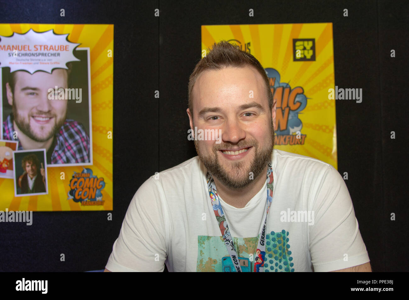 FRANKFURT, Deutschland - 6. Mai 2018: Manuel Straube (* 1984, Synchronsprecher, deutsche Stimme von Martin Freeman, Stewie Griffin, Jason Earles) an deutschen Comics C Stockfoto