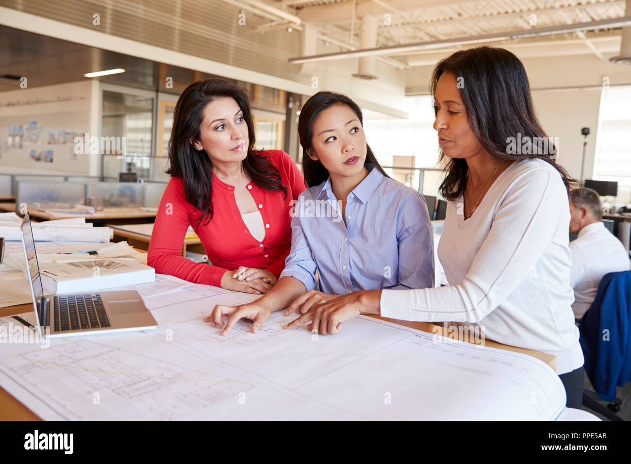 Drei weiblichen Architekten gemeinsam im Großraumbüro Stockfoto