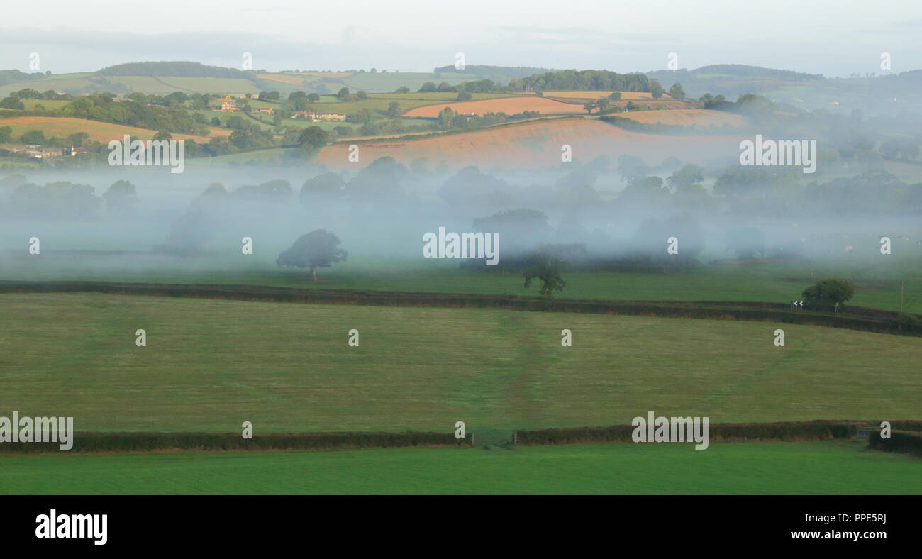 Panoramablick von Ax Tal in East Devon Gebiet von außergewöhnlicher natürlicher Schönheit auf der nebligen Morgen Stockfoto