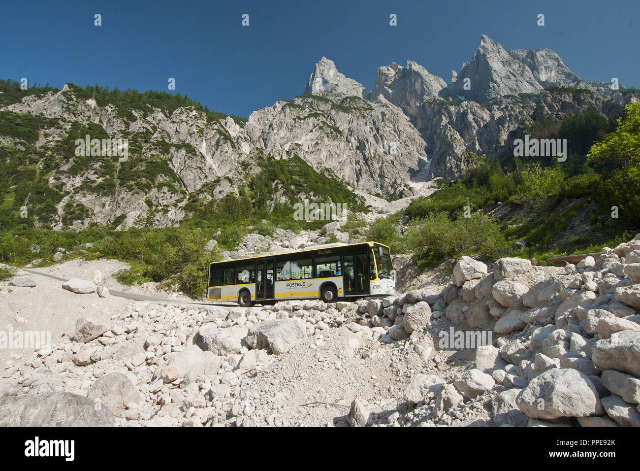 Der Almerlebnisbus (Alp adventure Bus) im Nationalpark Berchtesgaden, eine frei zugängliche Naturreservat im süd-östlichen Teil Deutschlands im Berchtesgadener Land, zum Zweck der Erhaltung der Natur, aber auch für alpine Landwirtschaft mit Schutz Ziele erstellt. Der Bus auf der Straße, die durch den Nationalpark führt. Stockfoto