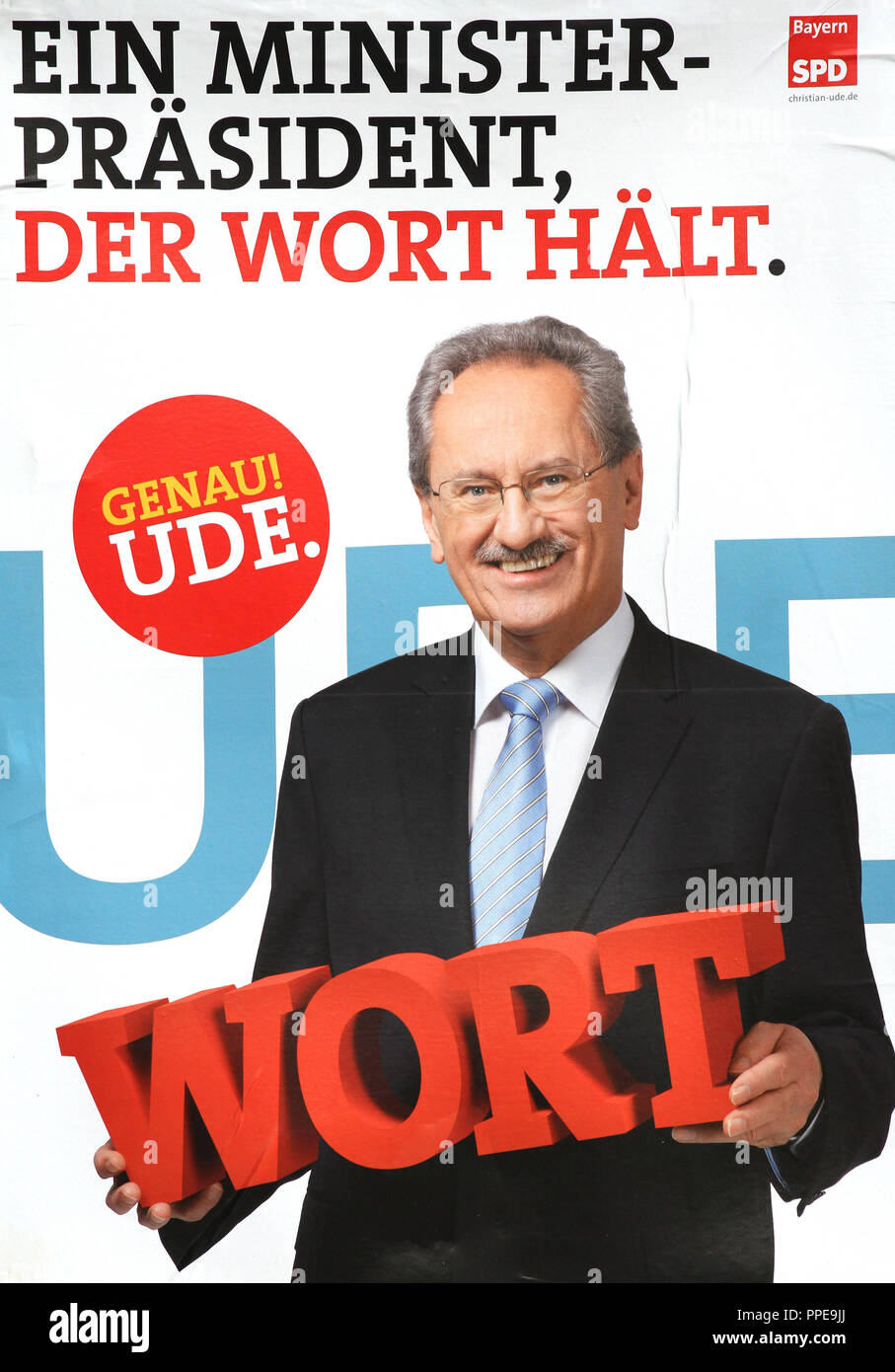 Landtagswahl 2013: Wahlplakate von Christian Ude, SPD-Kandidat für das Amt des Ministerpräsidenten zu laufen. Stockfoto