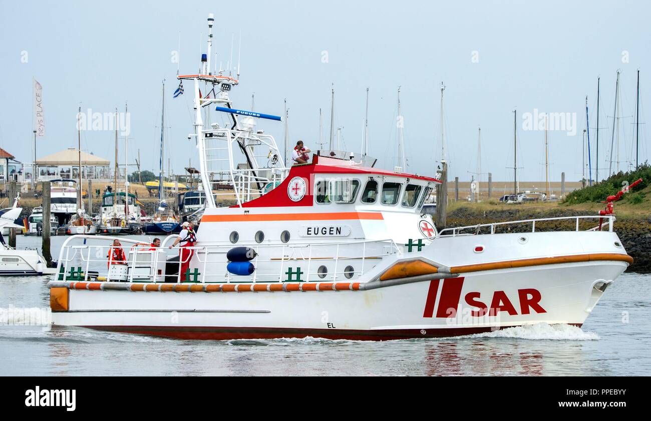 Rescue Boot "Eugen" der deutschen Sea Rescue Organisation "GZRS' auf der Insel Norderney (Deutschland), 28. Juli 2018. | Verwendung weltweit Stockfoto