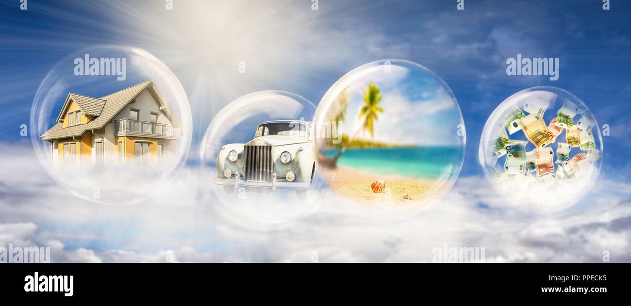 Vier Seifenblasen mit Haus, Auto, Strand, Szene, und Banknoten | Verwendung weltweit Stockfoto