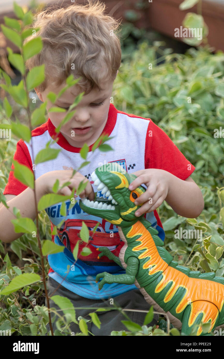 Wheat Ridge, Colorado - Adam Hjermstad, 4, feeds Blätter zu sein Spielzeug Dinosaurier. Stockfoto