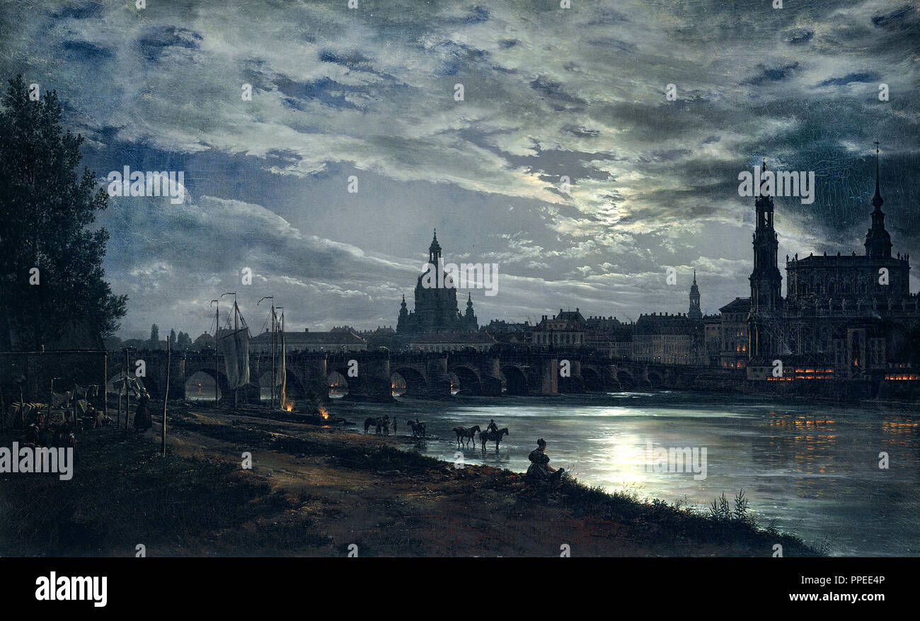 Johan Christian Dahl - Blick auf Dresden von Moonlight 1839 Öl auf Leinwand. Galerie Neue Meister, Dresden, Deutschland. Stockfoto