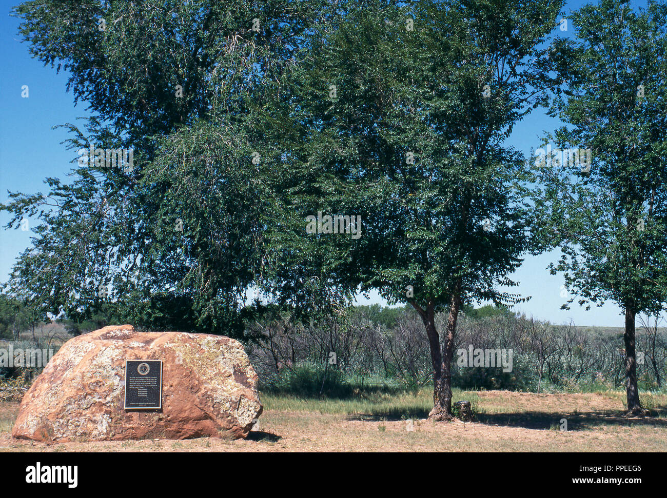 Navajo Denkmal für die Bosque Redondo ('Long Walk") neben dem Pecos River, Ft. Sumner, New Mexiko. Foto Stockfoto