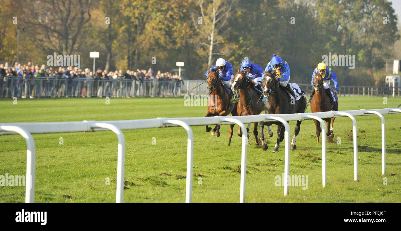 Ende der Saison "Grosser Preis von Bayern' auf der Galopprennbahn Riem: im Bild die wichtigsten Rennen mit Sieger Michael Cadeddu auf Guignol vom Bolzen Ullmann. Stockfoto