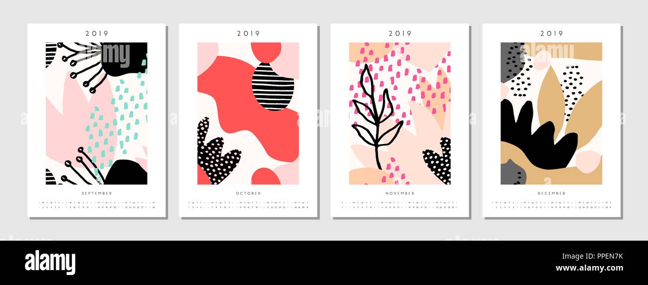Vier bedruckbaren Format A4 2019 Kalender Vorlagen für September, Oktober, November und Dezember. Abstrakte geometrische und von der Natur inspirierten Formen in schwarz, Stock Vektor