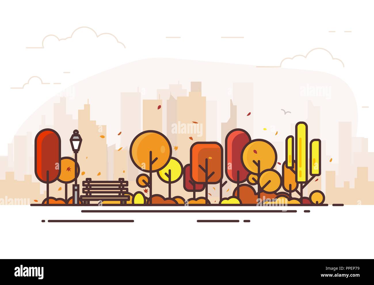 Herbst Stadtpark mit Sitzbank Stock Vektor