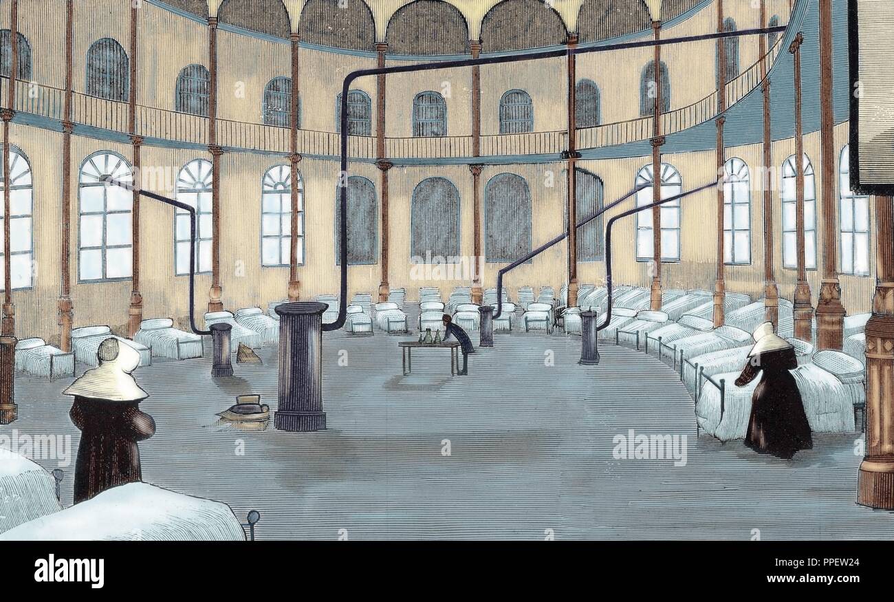Spanien. Madrid. Vorläufige Krankenhaus im Palast der Schönen Künste anlässlich der Epidemie, der die Stadt im Jahre 1890 bedroht installiert. Zimmer für Frauen. Farbige Gravur. Stockfoto