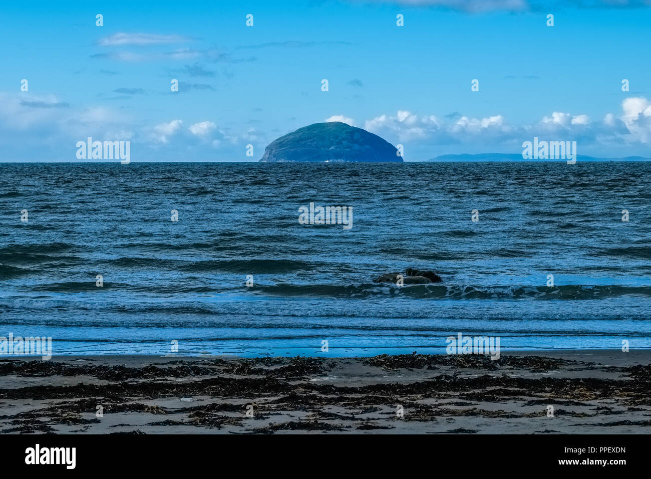 Ailsa Craig an einem kalten September Tag mit dunklen kalten Wasser und blauen Himmel Stockfoto