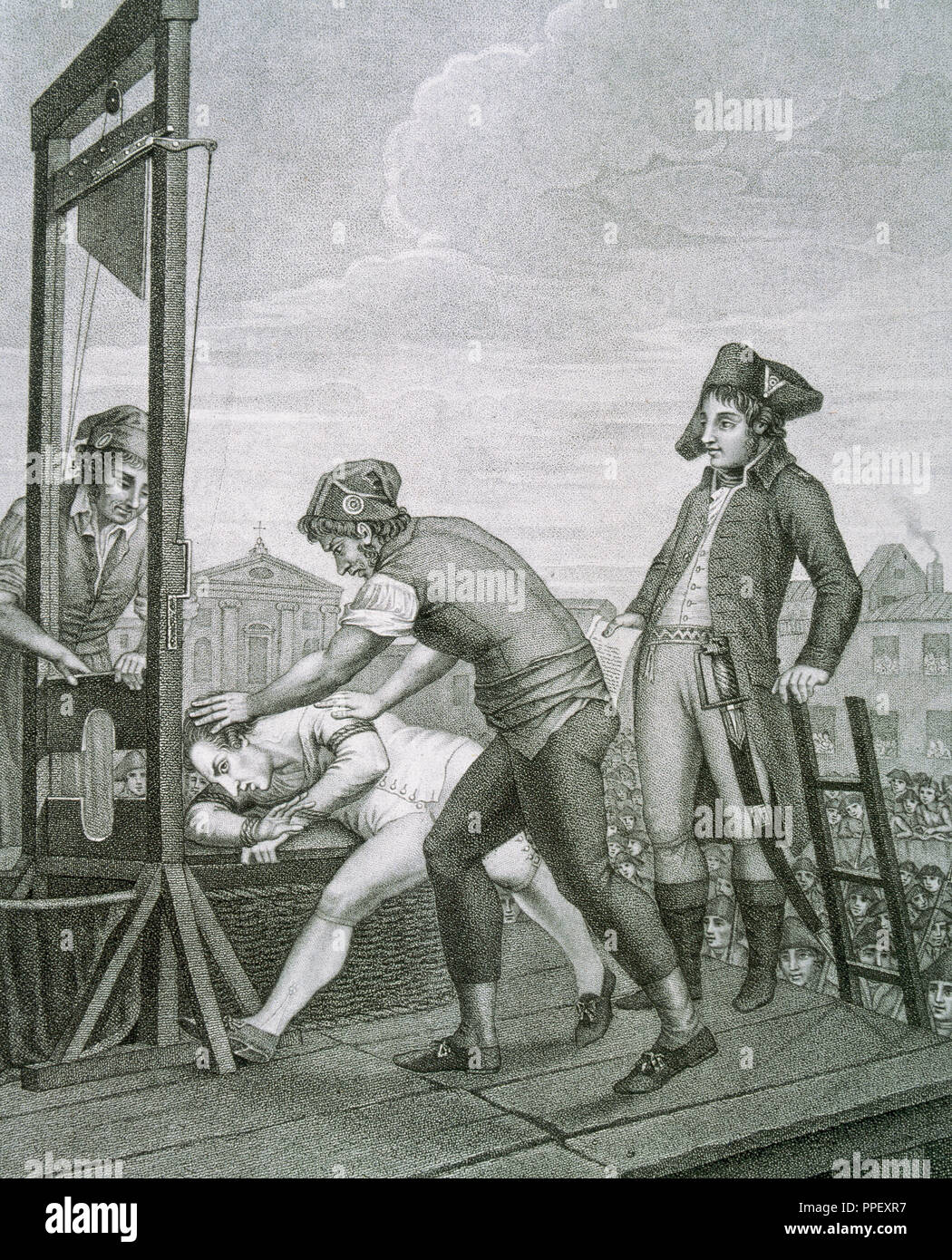 Robespierre, Maximilien de (1758-1794). Französische revolutionäre Politiker. Robespierre stirbt auf der Guillotine. Gravur. National Library. Madrid. Spanien. Stockfoto