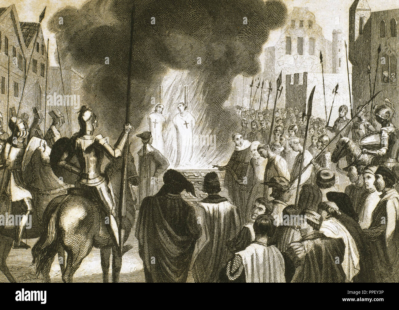 Brennende Templer im 14. Jahrhundert. Kupferstich von 1851. Stockfoto