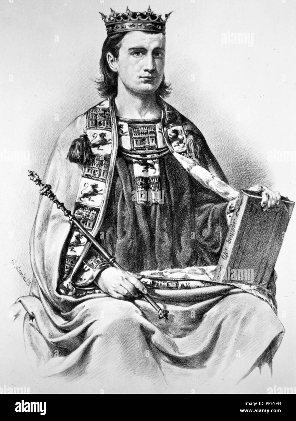 Alfons X. von Kastilien, der Weise (1221-1284). König von Kastilien und Leon. Protector für Wissenschaft, Kunst und Kultur. Lithographie von labarta. Spanien. S. XIII. Stockfoto