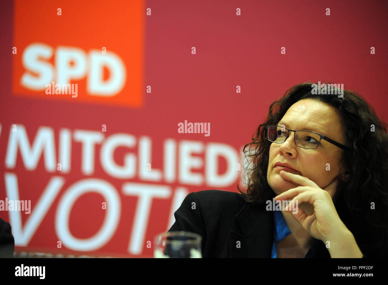 Generalsekretärin Andrea Nahles als Hauptredner bei der SPD-Regionalkonferenz am Adolf-Kolping Haus in München, Deutschland. Die Erhebung über den Koalitionsvertrag. Stockfoto