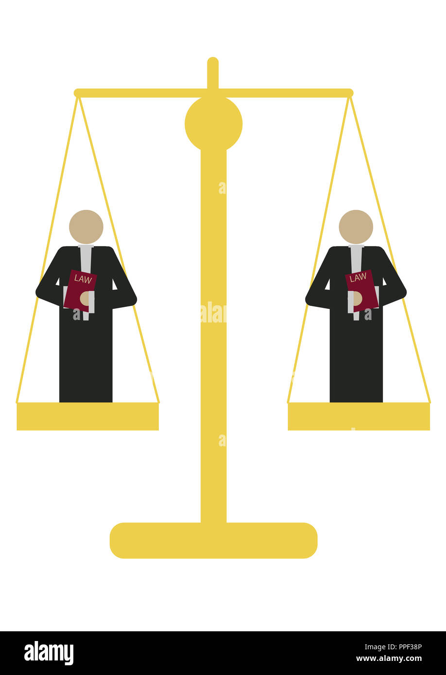 Die Anwälte stehen auf einer Skala, die die Fairness des Gesetzes Stockfoto