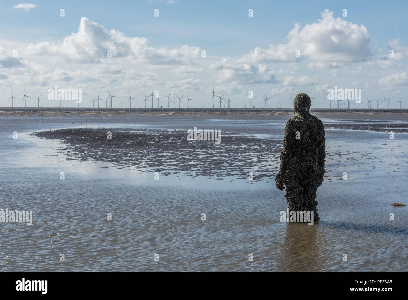 Skulptur von Antony Gormley am Crosby Beach in der Nähe von Liverpool, Großbritannien Stockfoto