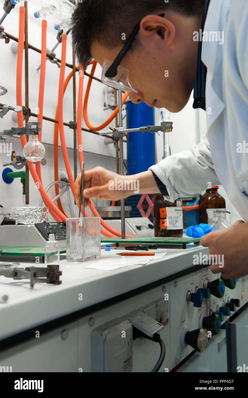 Forscher im Labor der Fakultät für Chemie und Pharmazie der Ludwig-Maximilians-Universität München in Großhadern, Butenandtstrasse 1. Die Abzüge im Labor sind gebrochen, so dass ein großer Teil des Labors ist außer Betrieb und damit die Untersuchung und Forschung ist sehr schwierig. Stockfoto