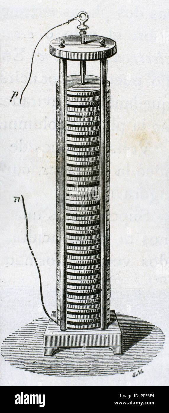 Voltasche Säule. Konzipiert von dem italienischen Physiker Alessandro Volta (1745-1827). Kupferstich aus dem 19. Jahrhundert. Stockfoto