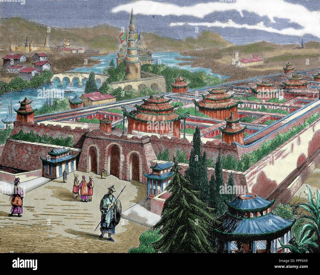 China. Beijing. Tsu-Kin-Tching, Palast des Kaisers von China. Farbiger Kupferstich von Gerard, 1878. Stockfoto