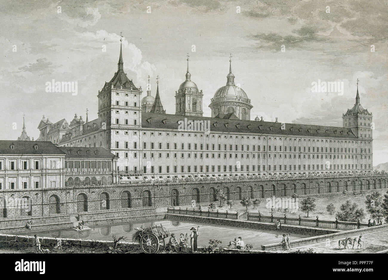 Königliches Kloster San Lorenzo del Escorial. Provinz Madrid. Spanien. 19.-Jahrhundert Gravur. Stockfoto