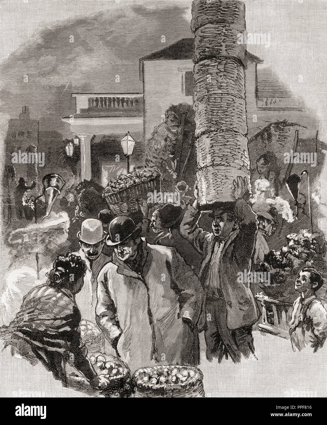 Am frühen Morgen in Covent Garden Markt für Obst und Gemüse, London, England im 19. Jahrhundert. Von London Bilder, veröffentlicht 1890. Stockfoto
