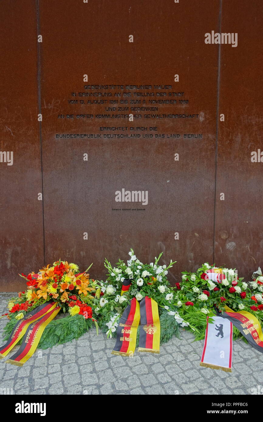 Berliner Mauer, Gedenken die Maueropfer am 13.8.2018 - Berliner Mauer, Gedenkfeier für die Opfer der Berliner Mauer Am 13. August 2018 Stockfoto